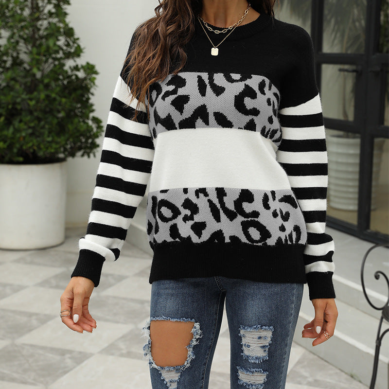 Damen modischer Pullover mit auffälligem Leopardenmuster und gestreiften Ärmeln WW