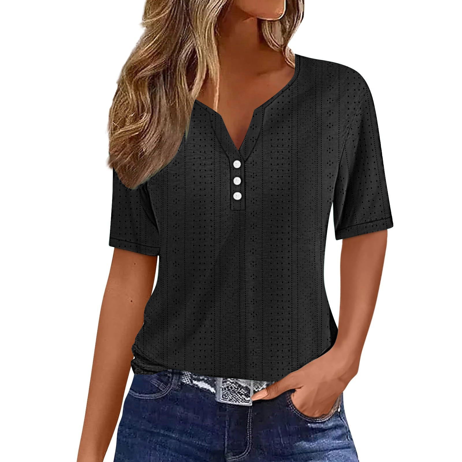 Damen Kurzarmshirt mit modischer Knopfleiste und Struktur WW