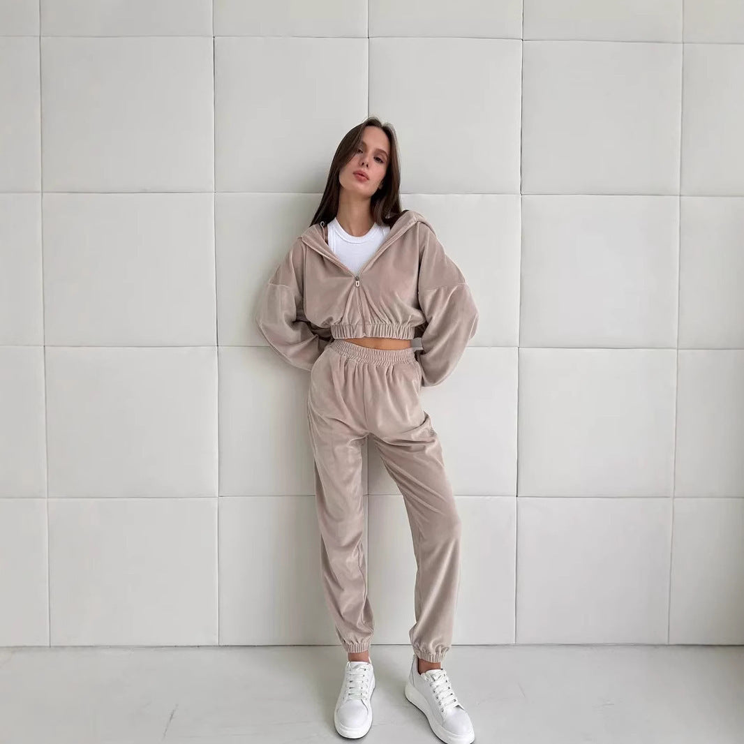 Damen sportliches Fleece Ensemble mit modernem Reißverschluss und elastischem Bund WW
