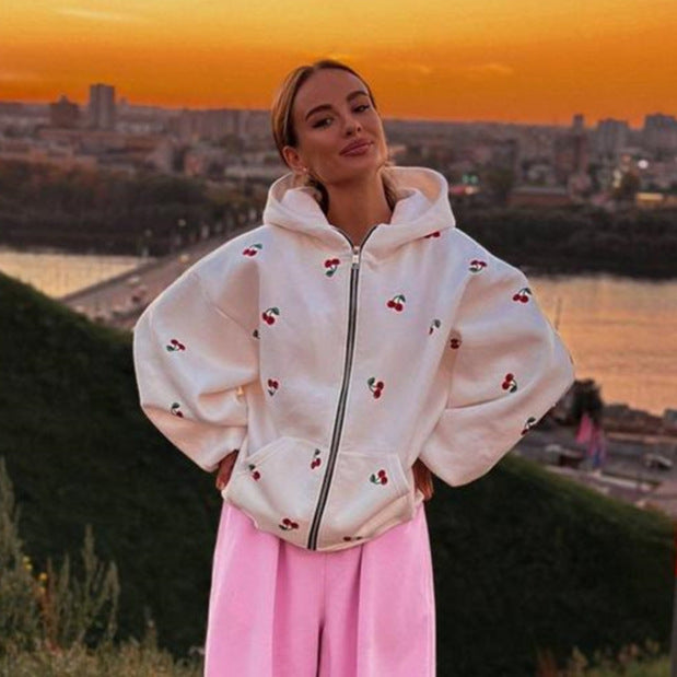 Damen Kapuzenjacke mit frischem Kirschmuster und übergroßem Schnitt WW