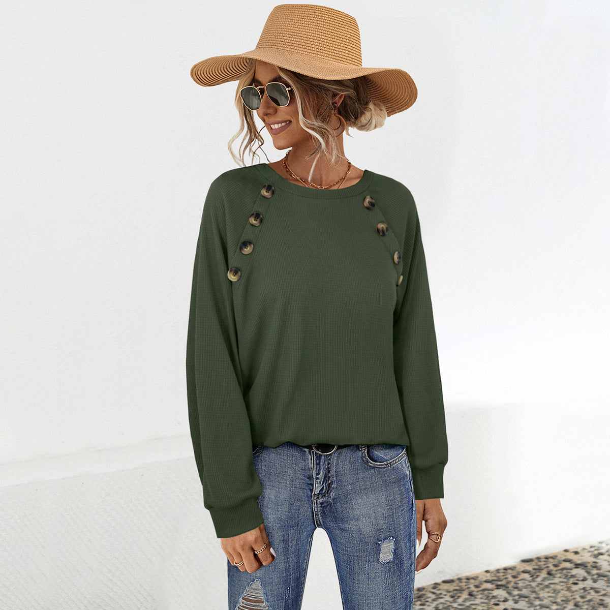 Damen lässiger Pullover mit dekorativen Knöpfen WW