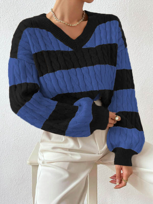 Damen V-Ausschnitt Strickpullover mit Rippstruktur und langen Ärmeln WW