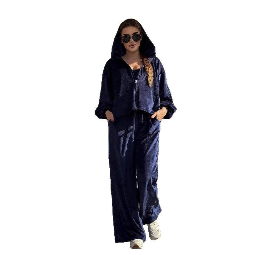 Damen sportliches Set aus weichem Velours mit cropped Top und weiter Jogginghose WW