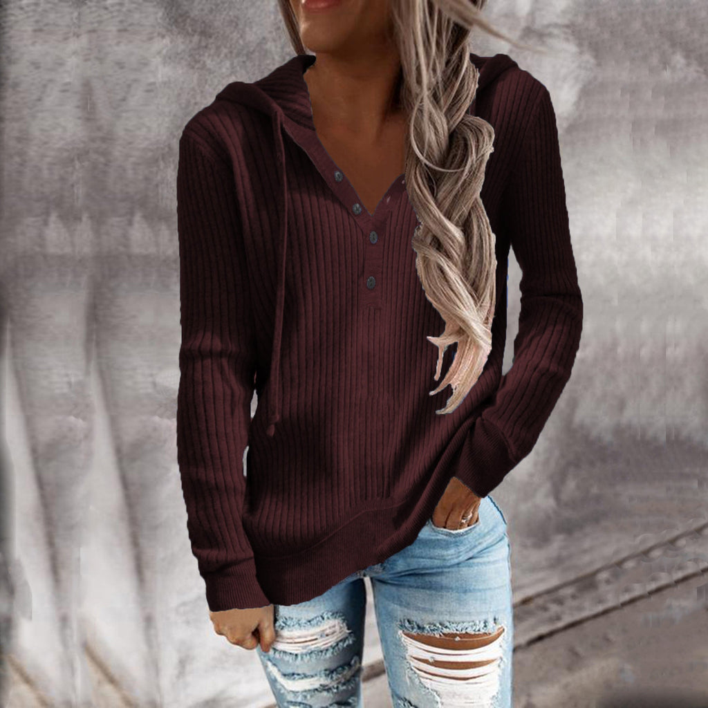 Damen Kapuzenpullover mit feinem Rippstrick und Knopfleiste WW