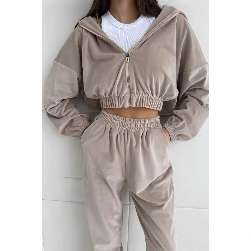 Damen sportliches Fleece Ensemble mit modernem Reißverschluss und elastischem Bund WW