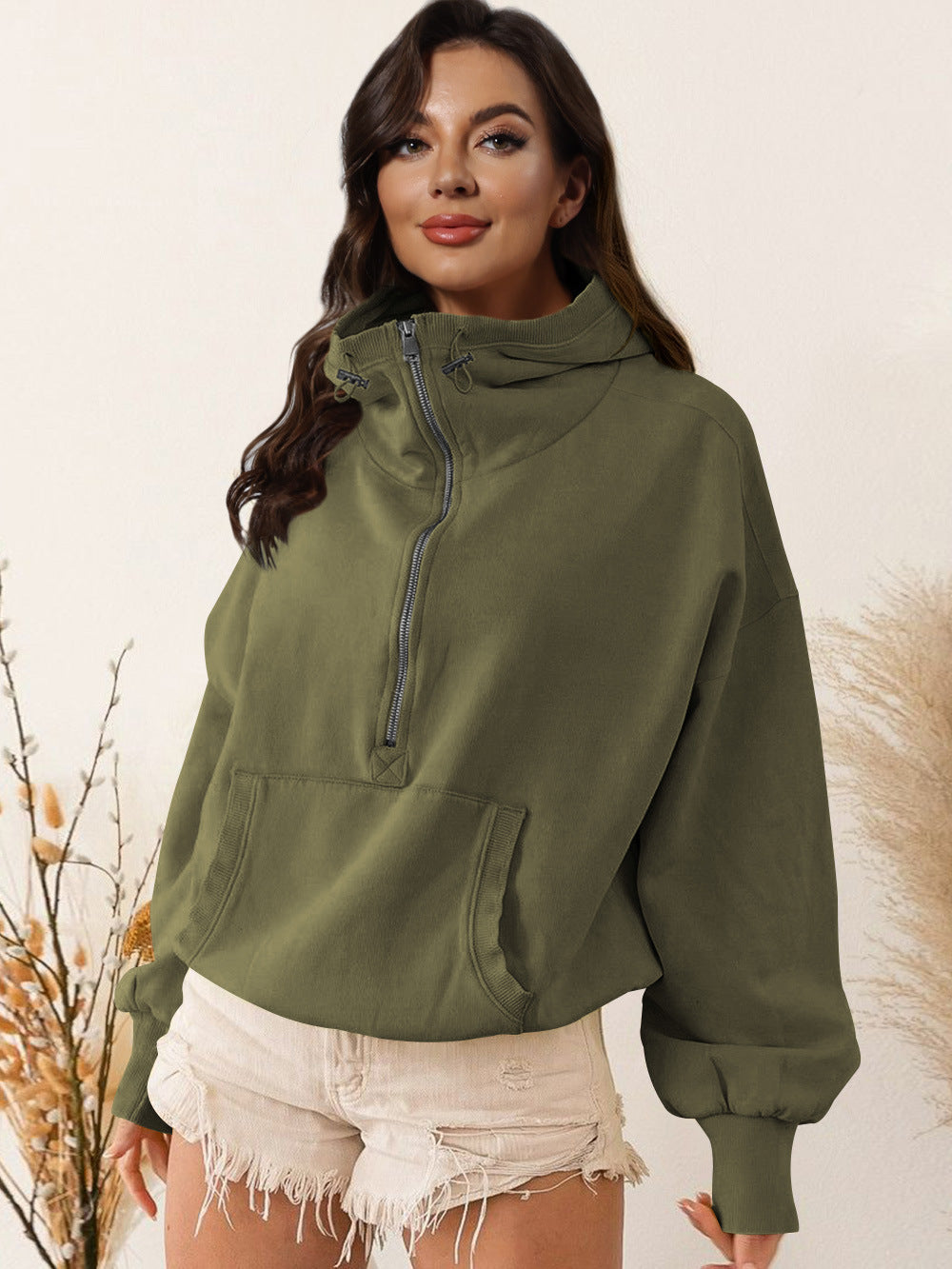 Damen Oversized Sweatshirt mit hohem Kragen und Reißverschluss WW