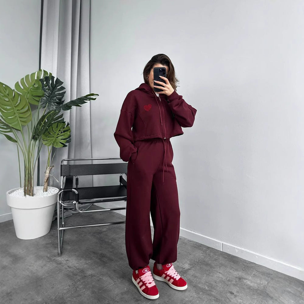 Damen lässiger Kapuzencropped-Pullover und Jogginghose Set mit hohem Bund WW