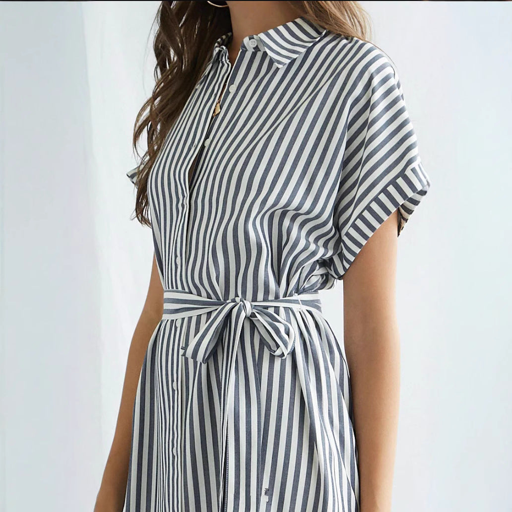 Damen Hemdblusenkleid mit Taillengürtel und modischem Streifendesign WW
