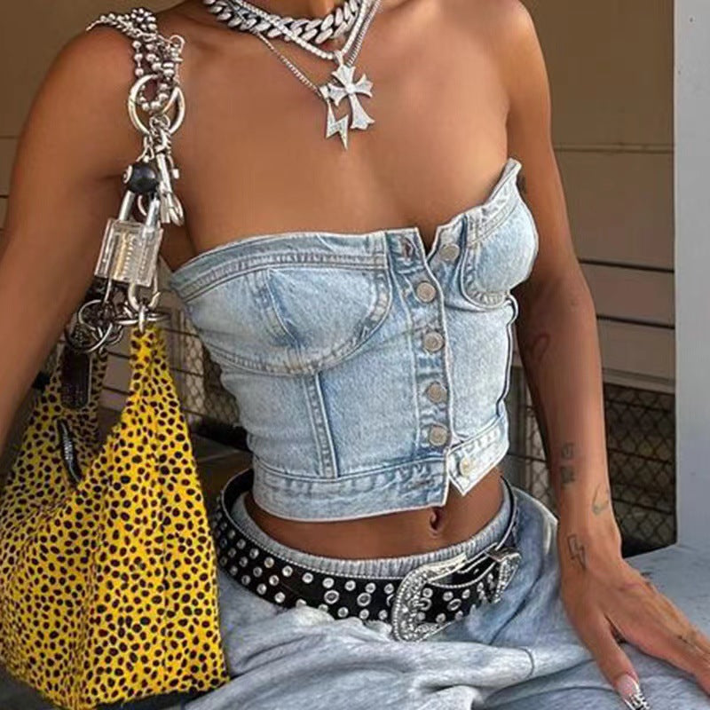 Damen cropped Jeansbluse im Bustier-Stil mit Knopfleiste WW
