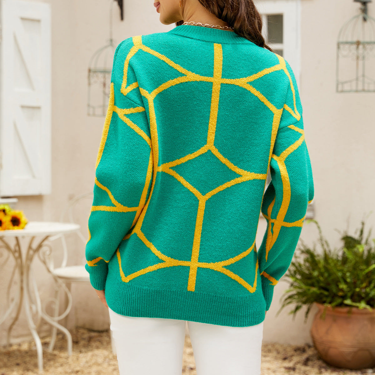 Damen strukturiertes Pullover mit geometrischem Muster und lässigem Schnitt WW