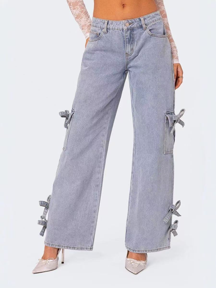 Damen lässige Cargo-Jeans mit stylischem Schleifen-Detail WW