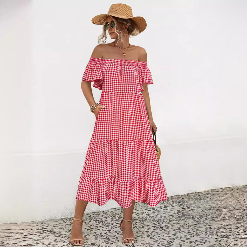 Damen Maxikleid mit schulterfreiem Design und voluminösen Rüschensäumen WW