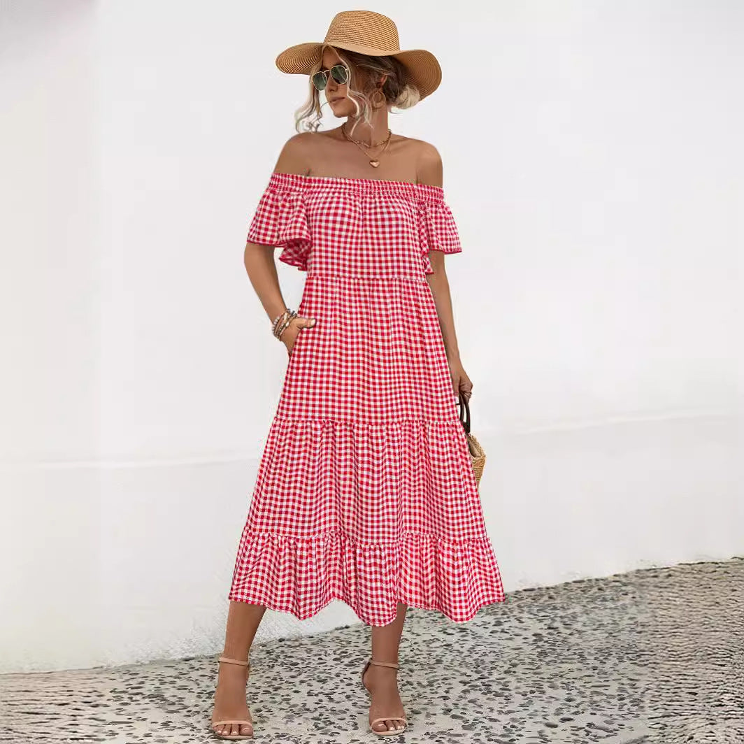 Damen Maxikleid mit schulterfreiem Design und voluminösen Rüschensäumen WW