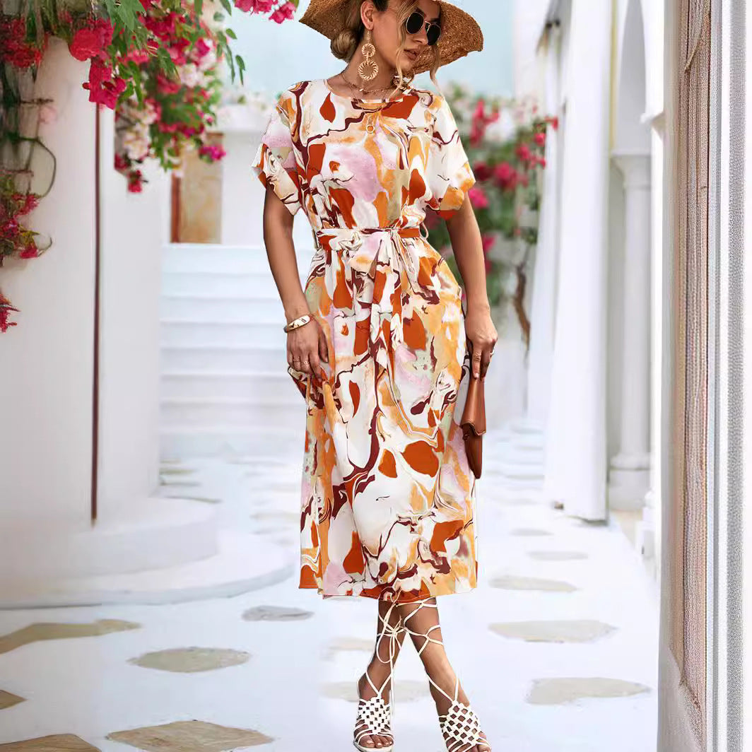 Damen Midi-Kleid mit modernem grafischem Muster und bequemem Taillengürtel WW