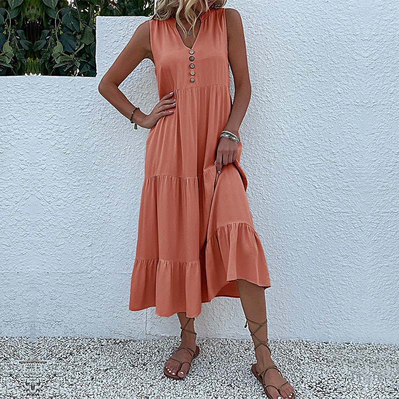 Damen Maxikleid mit Knopfdetail und voluminösem Rock WW