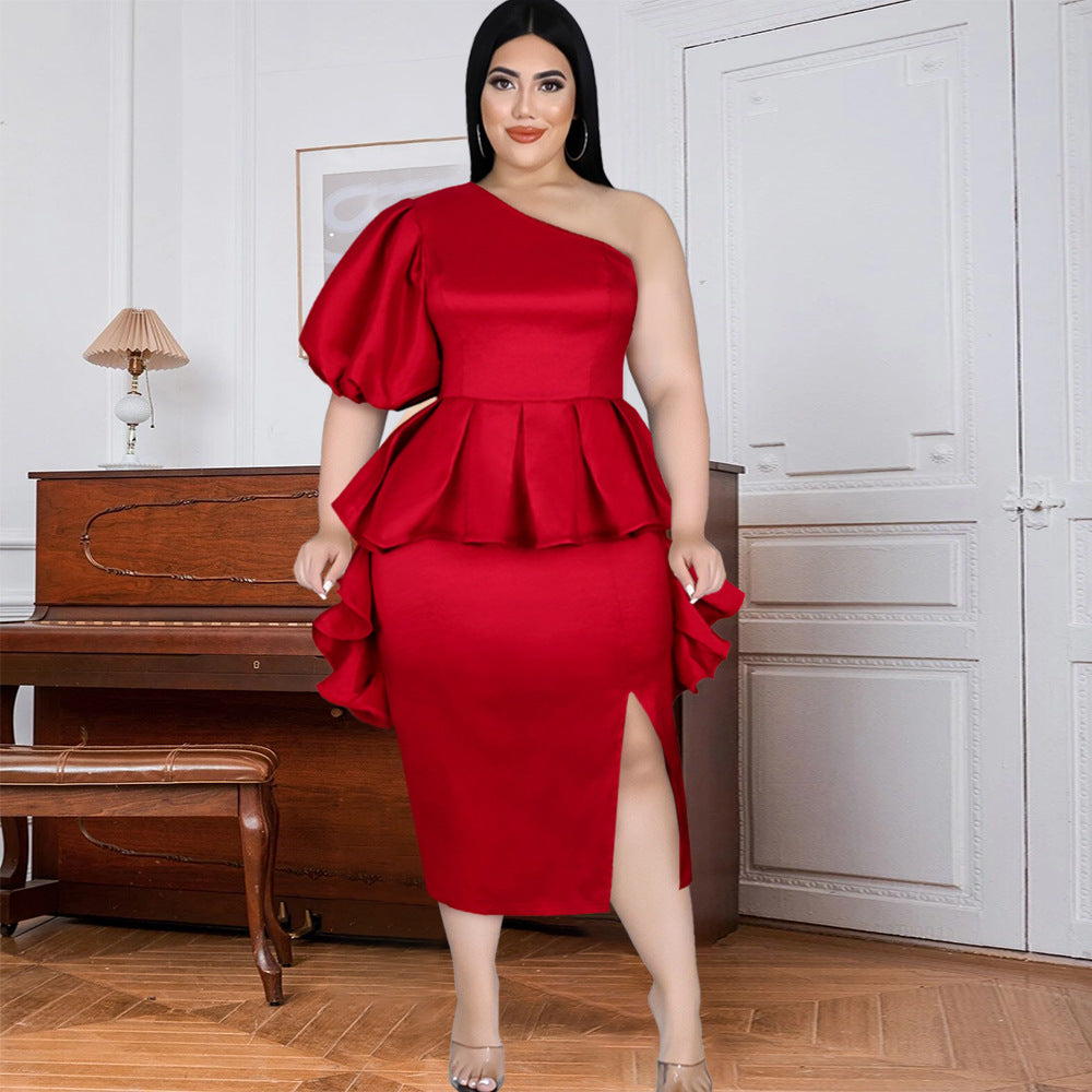 Damen Abendkleid mit asymmetrischem Volant und schwingendem Saum WW
