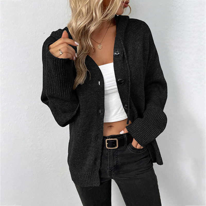 Damen Strickjacke mit Kapuze und Knöpfen WW