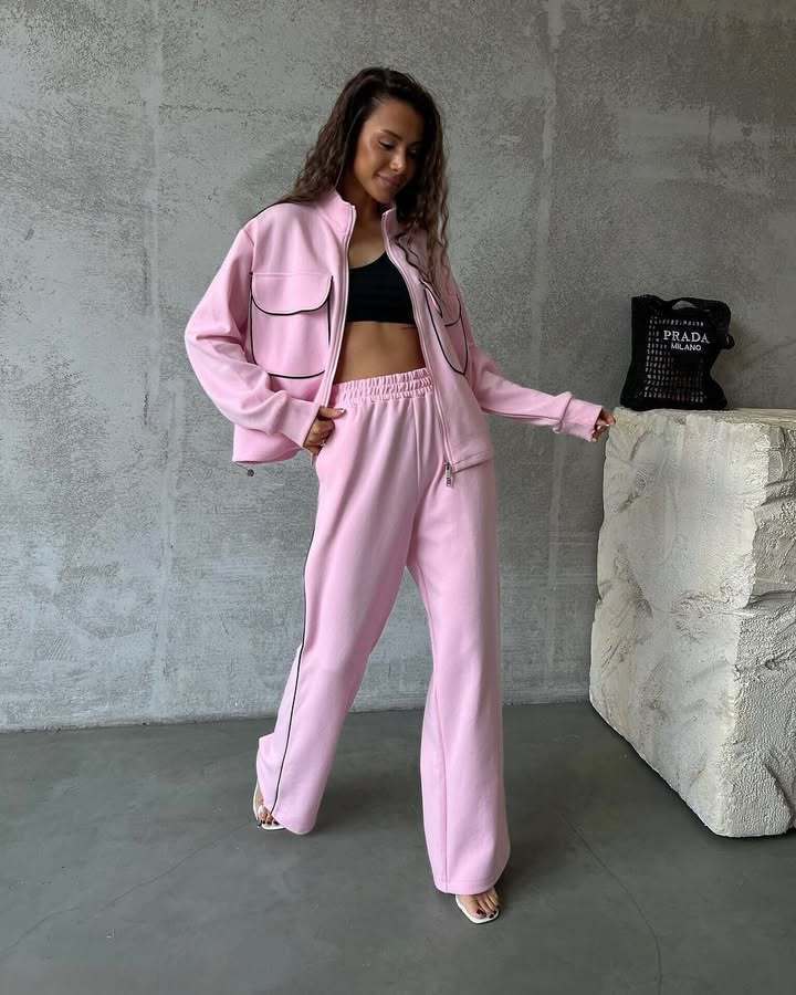 Damen sportliches Fleece-Set mit modischen Kontrasten und praktischen Taschen WW