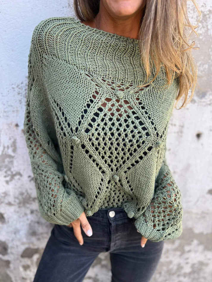 Damen luftiger Strickpullover mit grobem Maschenmuster und weitem Schnitt WW
