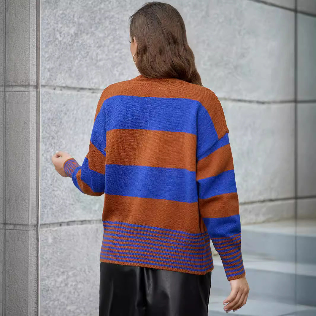 Damen Langarm-Strickjacke mit modernen Streifen und Knopfdetails WW