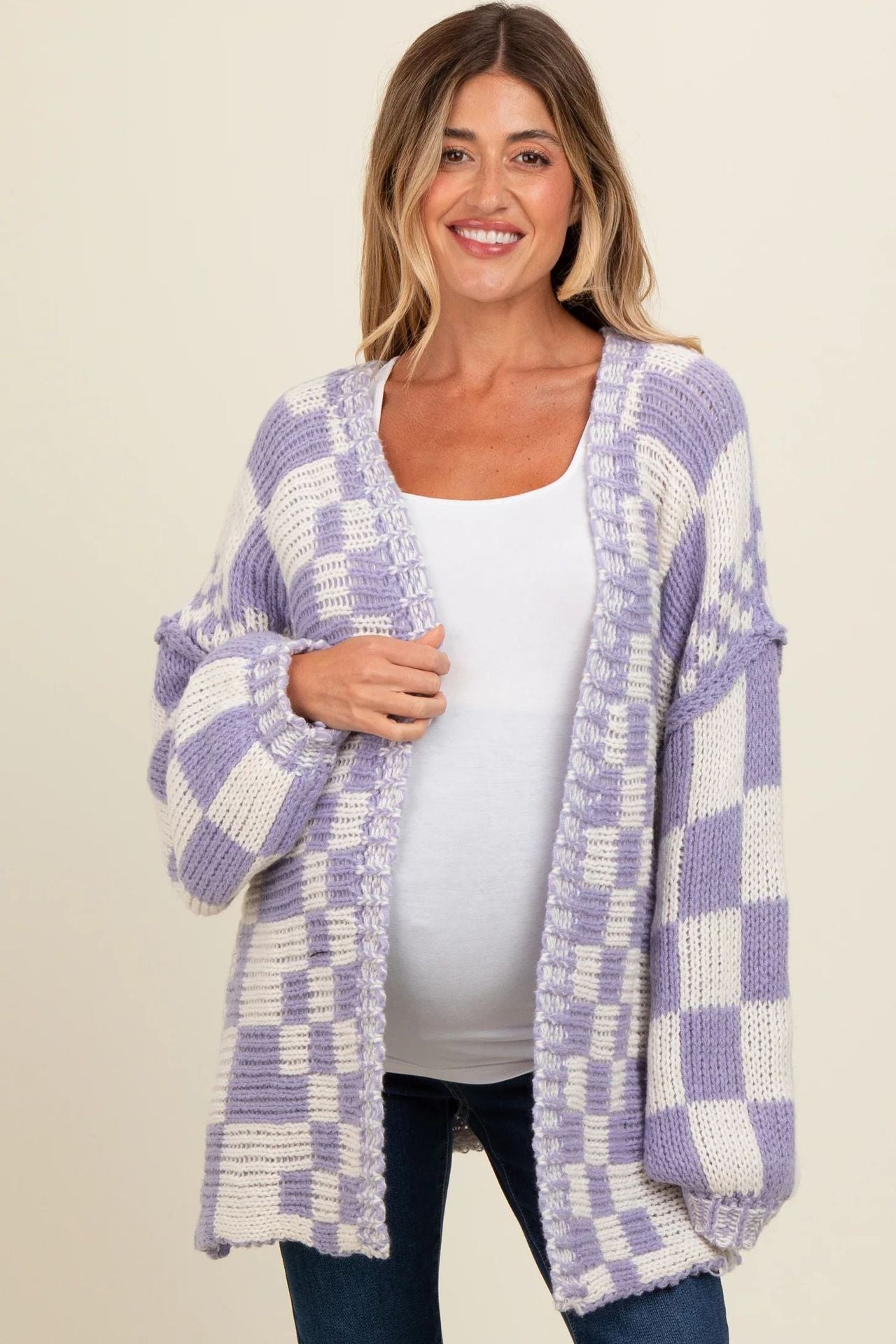 Damen lässiger Strickcardigan mit Karomuster und oversized Schnitt WW