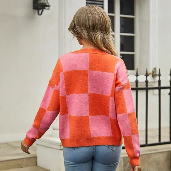 Damen modischer V-Ausschnitt Cardigan mit Karomuster WW