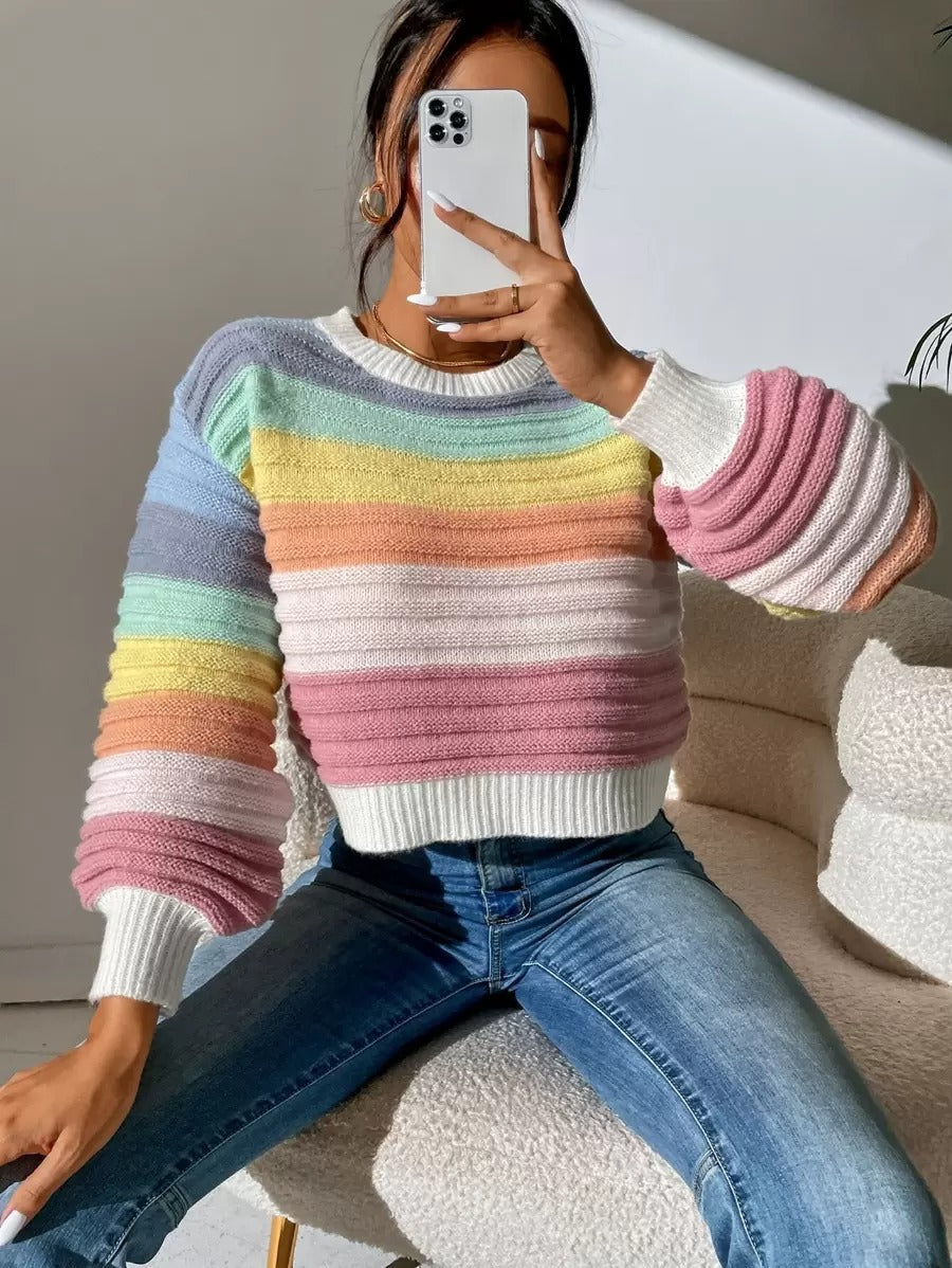 Damen Modischer Strickpullover mit Volumenärmel und Randdetails WW