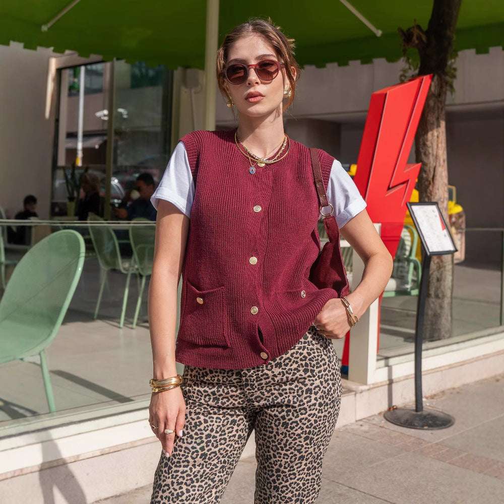 Damen Strickweste mit Knopfleiste und praktischen Taschen WW