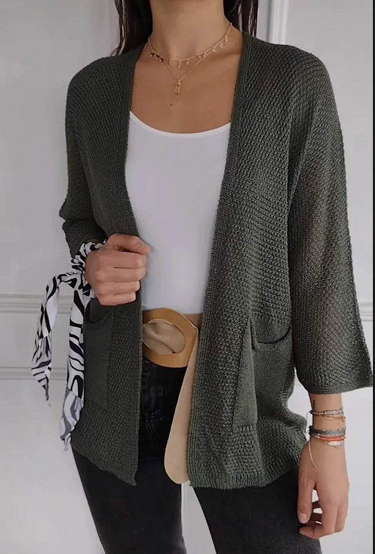 Damen lässige Strickjacke mit offener Vorderseite und praktischen Taschen WW