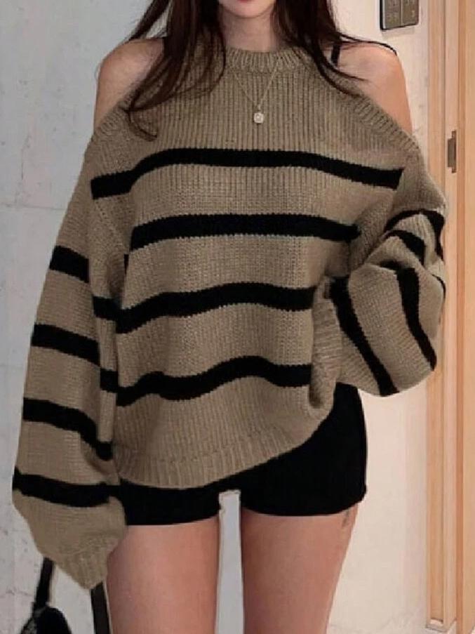 Damen Off-Shoulder Strickpullover mit breiten Streifen WW