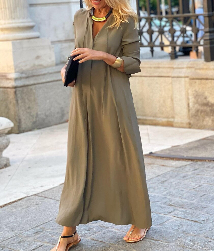 Damen lässiges Maxikleid mit tiefem V-Ausschnitt und eleganten Bindebändern WW
