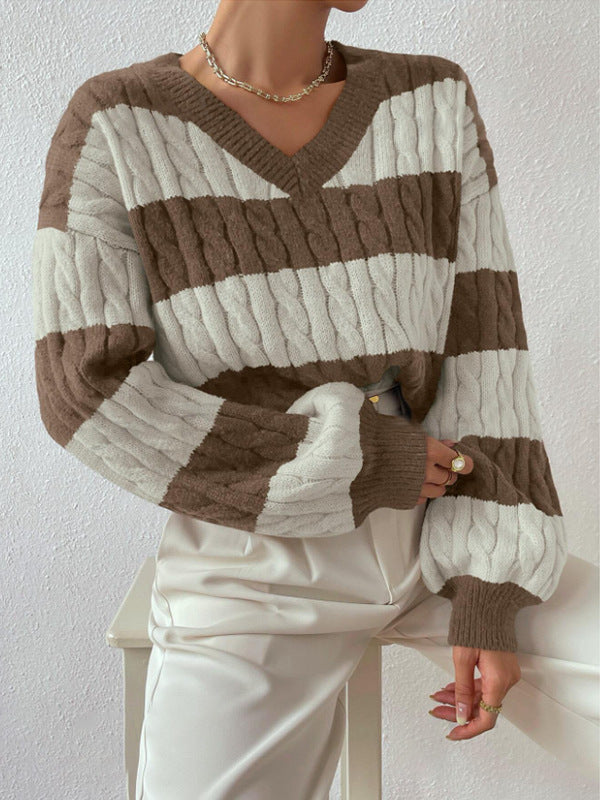 Damen V-Ausschnitt Strickpullover mit Rippstruktur und langen Ärmeln WW