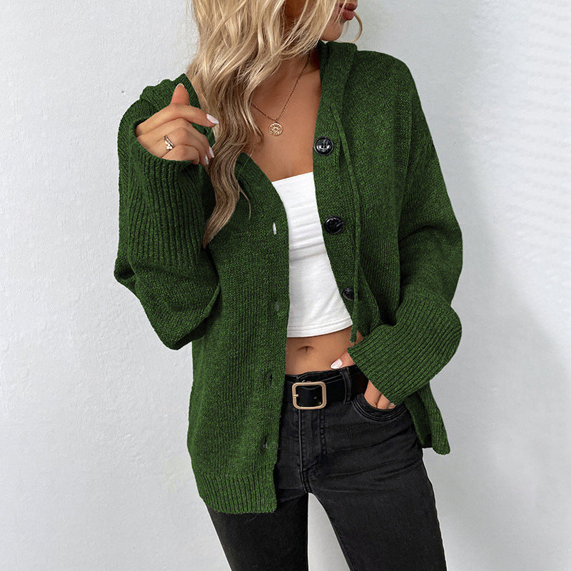 Damen Strickjacke mit Kapuze und Knöpfen WW