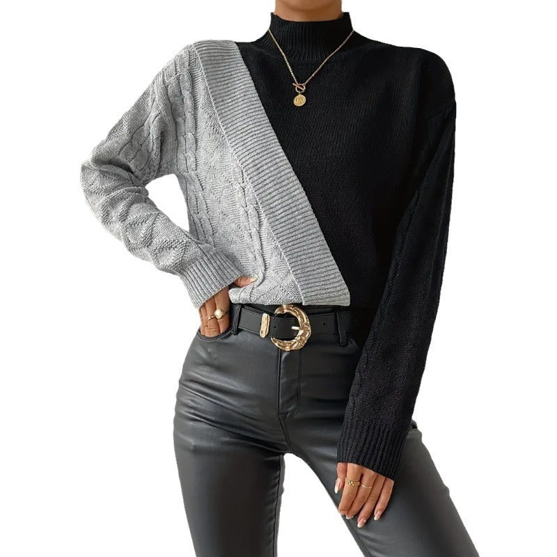 Damen modischer Strickpullover mit asymmetrischem Zopfdesign und hohen Kragen WW