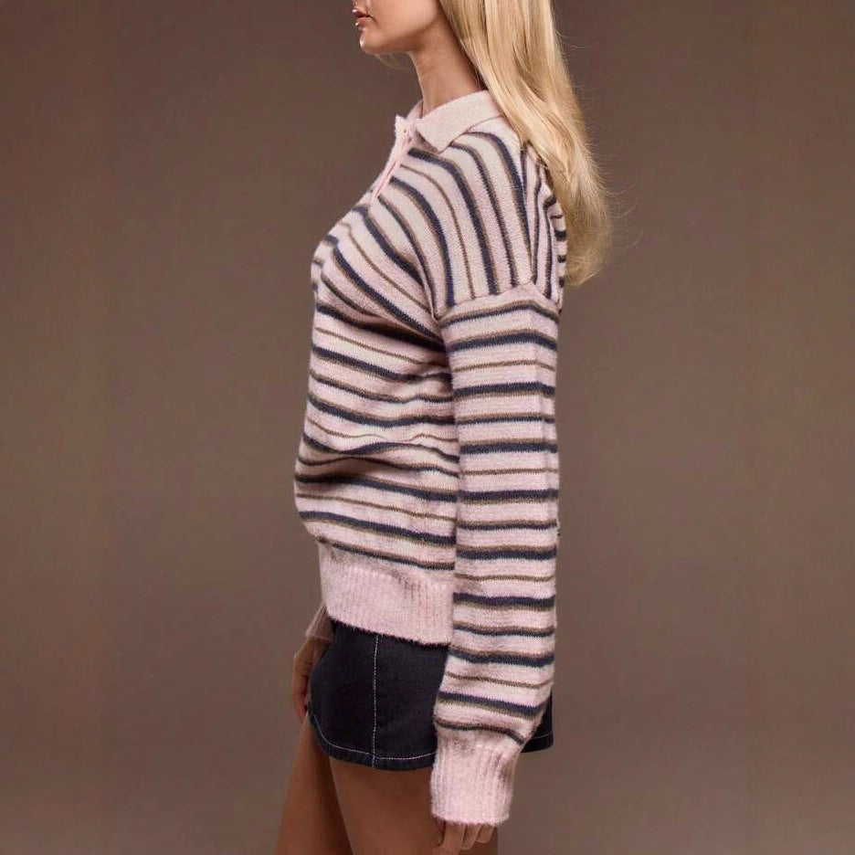 Damen gestreifter Pullover mit Polokragen WW