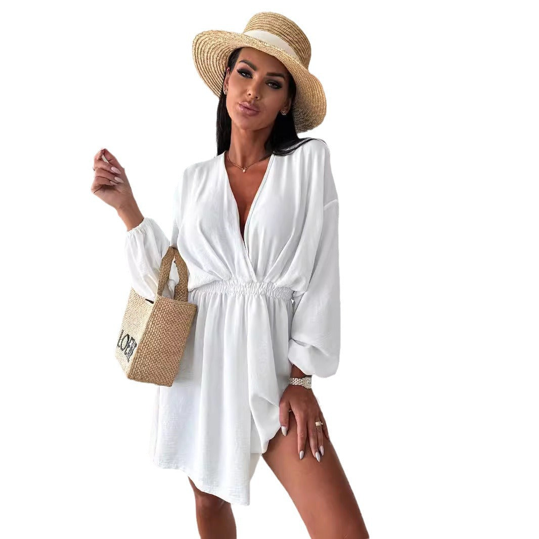 Damen Mini-Jumpsuit mit tieferem V-Ausschnitt und lässigen Puffärmeln WW
