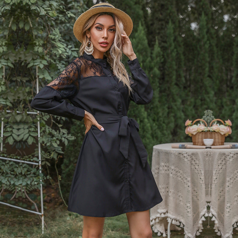 Damen Elegantes Hemdblusenkleid mit Spitzenärmeln und taillierbarem Gürtel WW