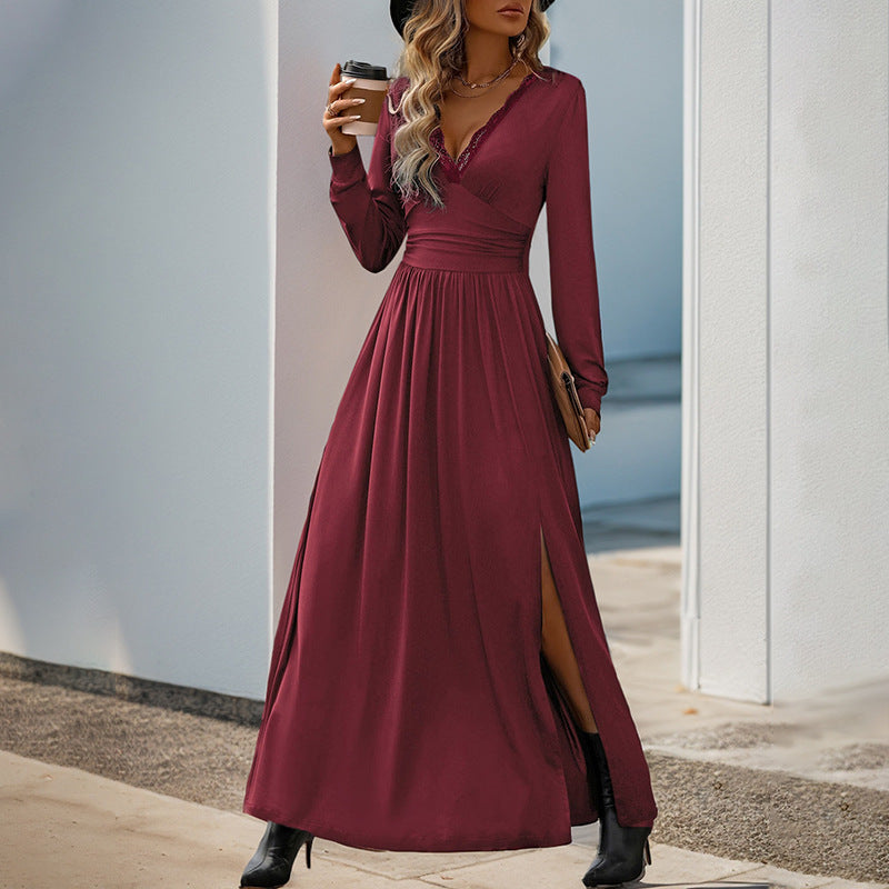 Damen Maxikleid mit tiefem V-Ausschnitt und eleganter Raffung WW