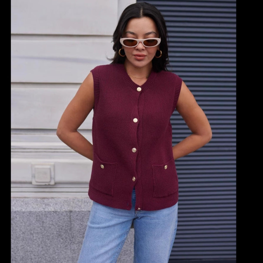 Damen Strickweste mit Knopfleiste und praktischen Taschen WW