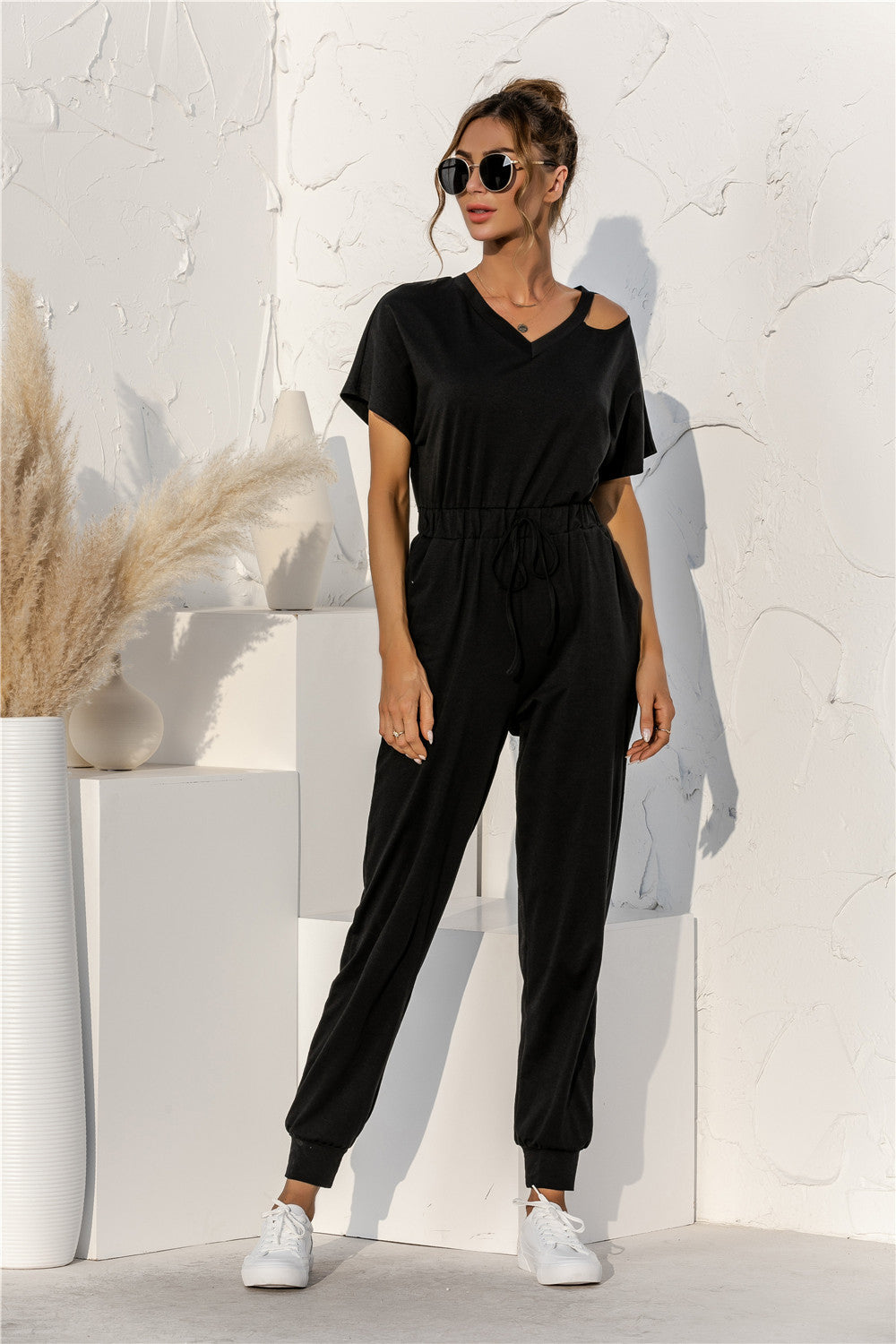 Damen Relaxed Fit Overall mit Kordelzug und Schulterfreies Design WW