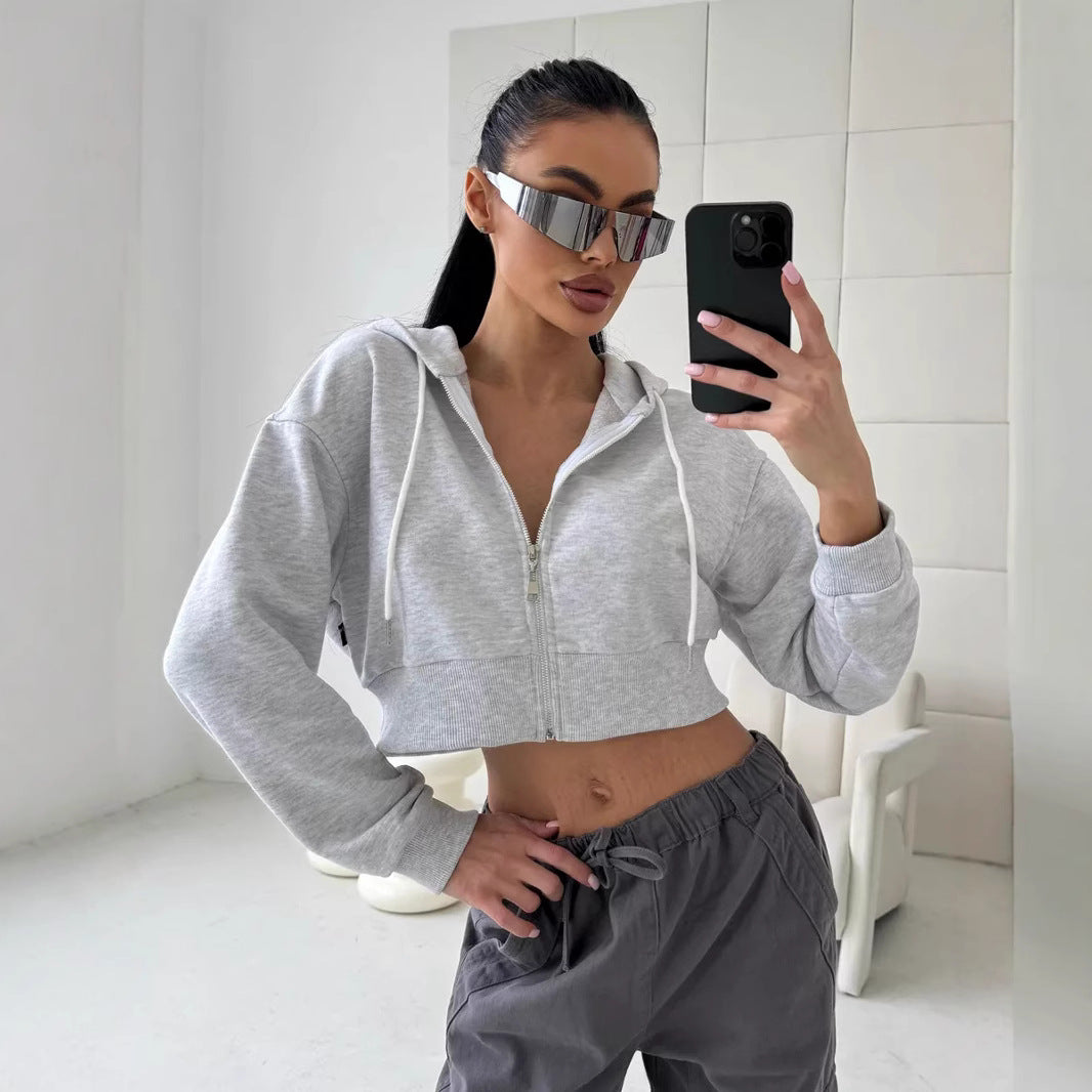 Damen lässiger Kurzarm Zip-Hoodie WW