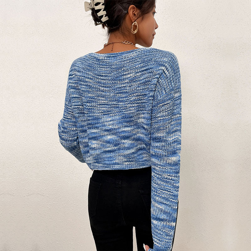 Damen kreativer Crop-Pullover mit asymmetrischem Ausschnitt und strukturiertem Strickdesign WW
