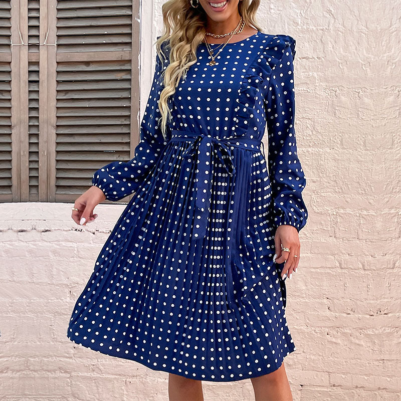 Damen langärmliges Kleid mit taillierbarem Gürtel und elegantem Punktmuster WW