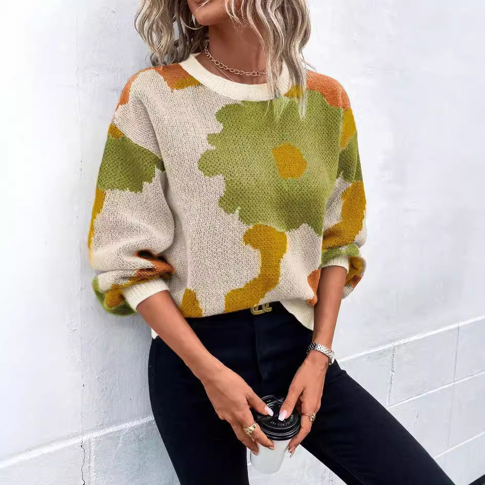 Damen modischer Pullover mit floralem Muster und weiten Ärmeln WW