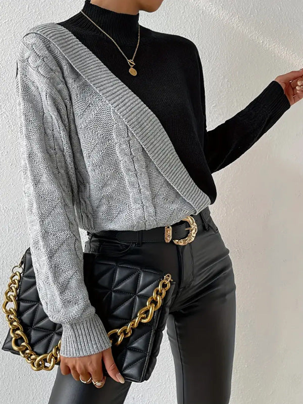 Damen modischer Strickpullover mit asymmetrischem Zopfdesign und hohen Kragen WW
