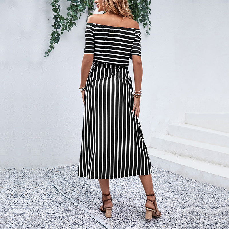 Damen gestreiftes Maxikleid mit schulterfreiem Design und eleganter Taillierung WW