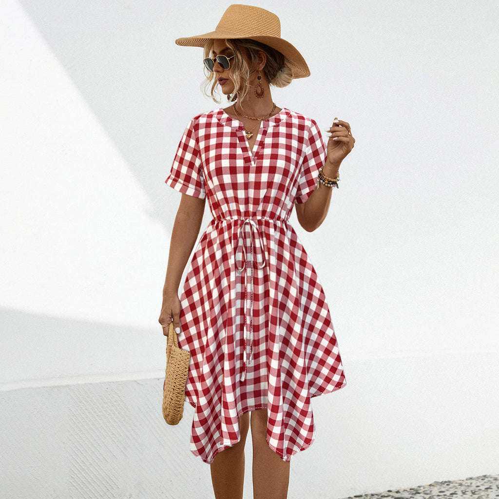 Damen V-Ausschnitt Gingham Kleid mit verspieltem Kordelzug und asymmetrischem Saum WW