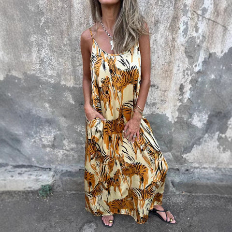 Damen Maxikleid mit einzigartigem Tiermuster und verstellbaren Trägern WW