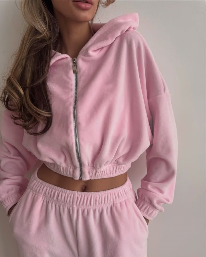 Damen Sportliches Fleece-Set mit hochschließendem Reißverschluss und elastischem Bund WW