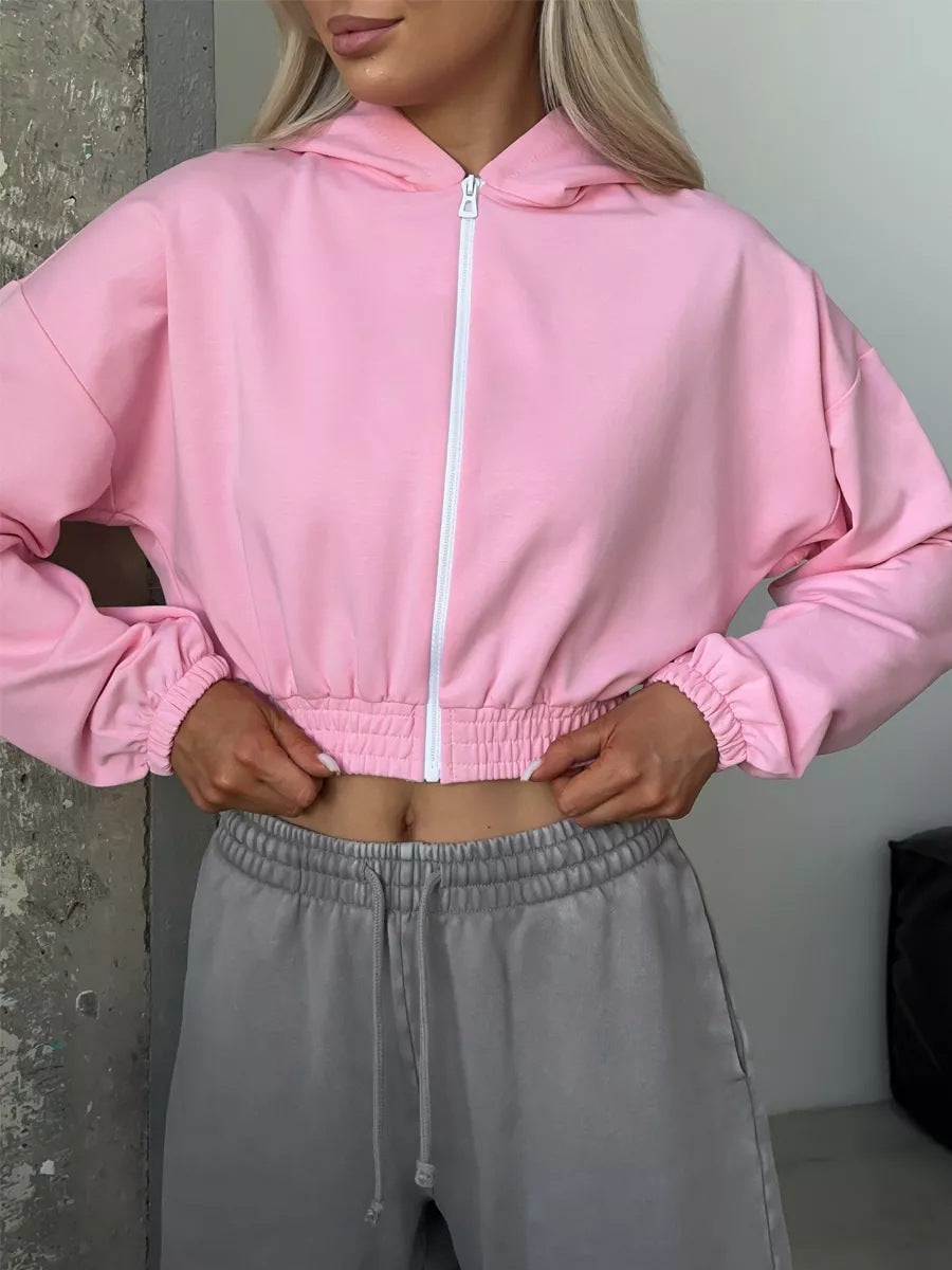 Damen lässiger Cropped Hoodie mit praktischem Reißverschluss und elastischem Bund WW